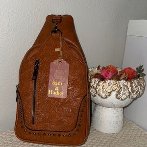 Sam & Hadley Cognac Floral Embossed Sling Bag